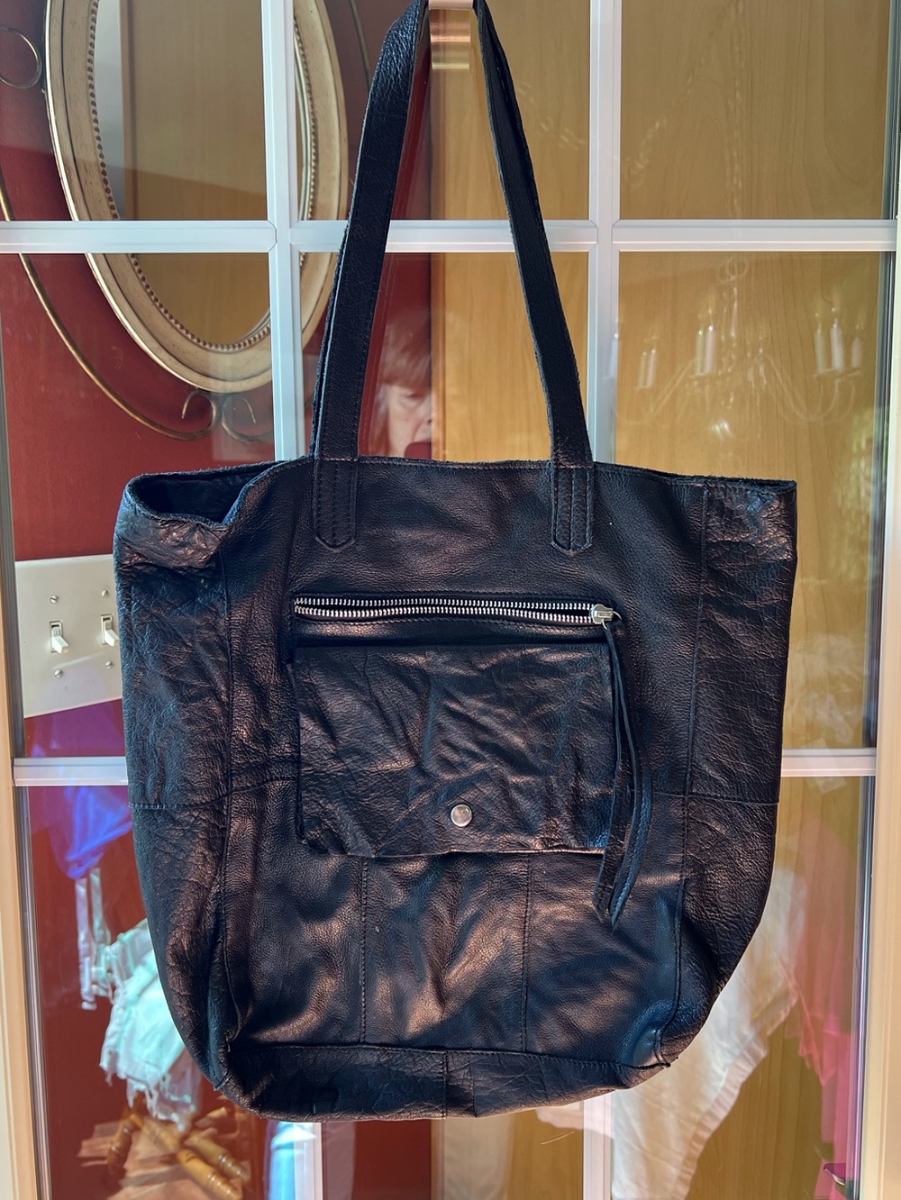 Classic Black Leather Tote with Front Pocket
